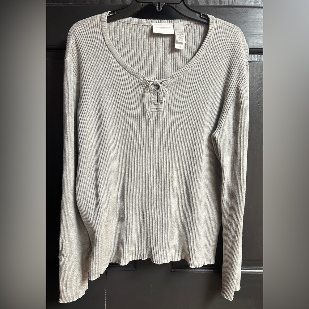Liz Claiborne Lizsport Gray Rib Knit Sweater Scoop Neck Women’s Size Large
